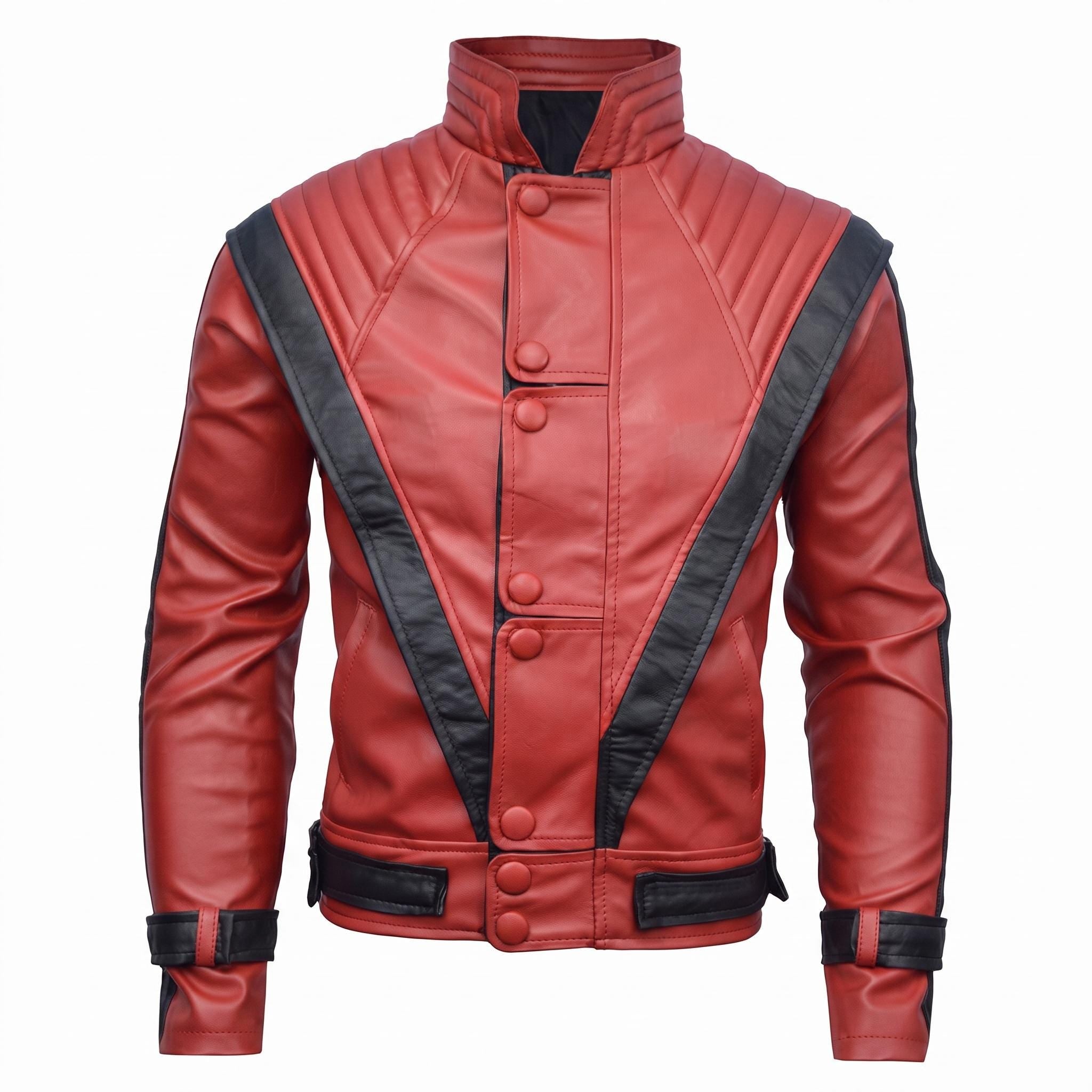 Men's Handmade Red Leather Pop Icon Jacket – 80s Music Video Inspired Biker Coat