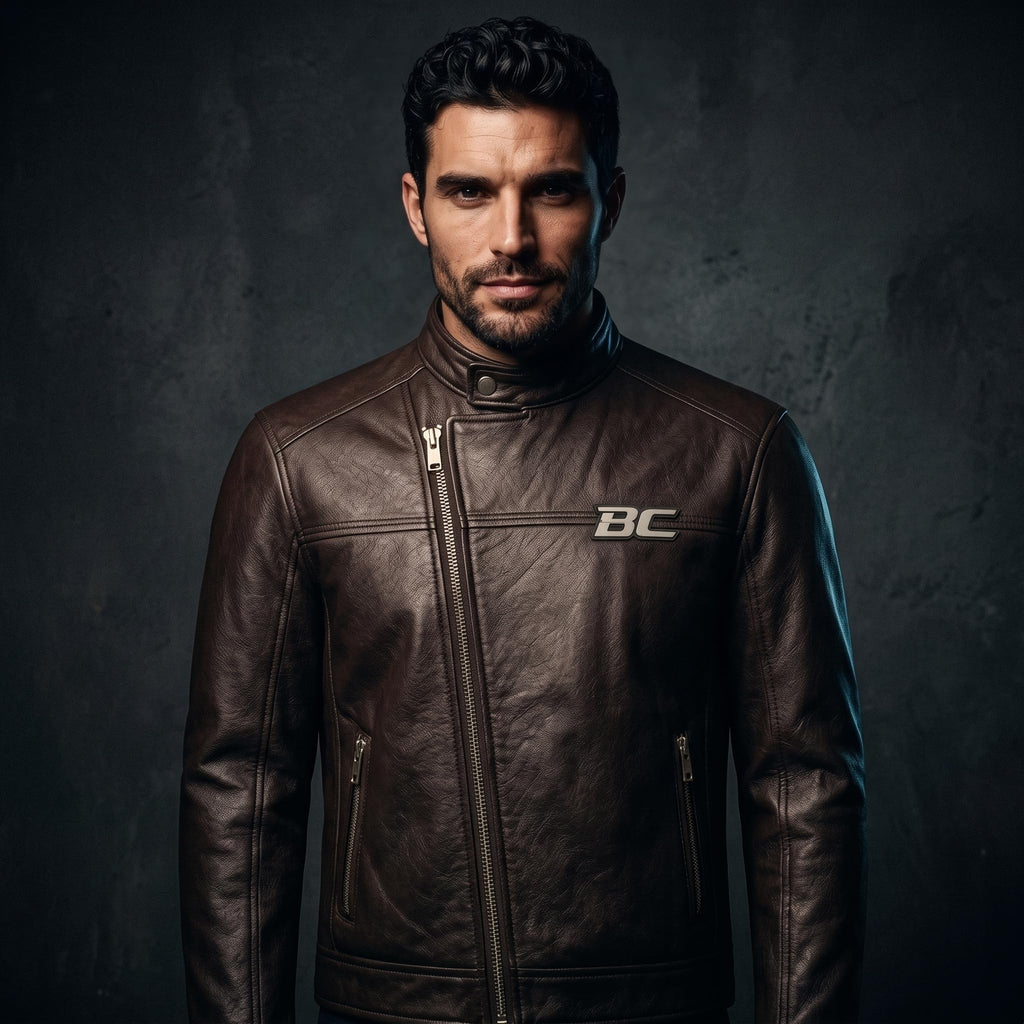 Men's Biker Club V-Twin Engine Leather Jacket - Winged Motor Graphic Cafe Racer