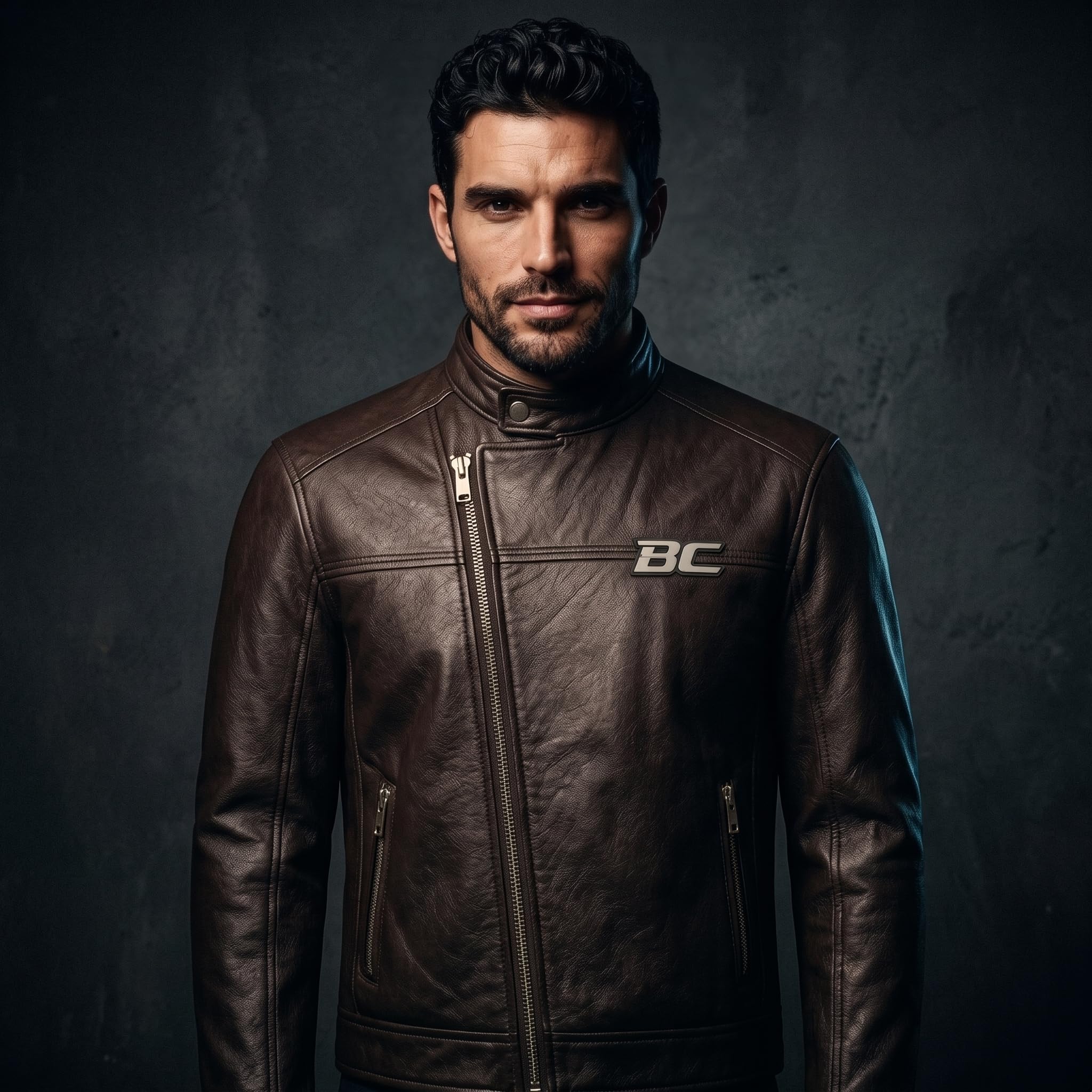 Men's Biker Club V-Twin Engine Leather Jacket - Winged Motor Graphic Cafe Racer