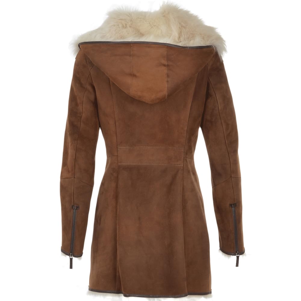 Hooded Toscana Coat Brown with Shearling Trim – Women Toscano Sheepskin Jacket in Toscano Leather