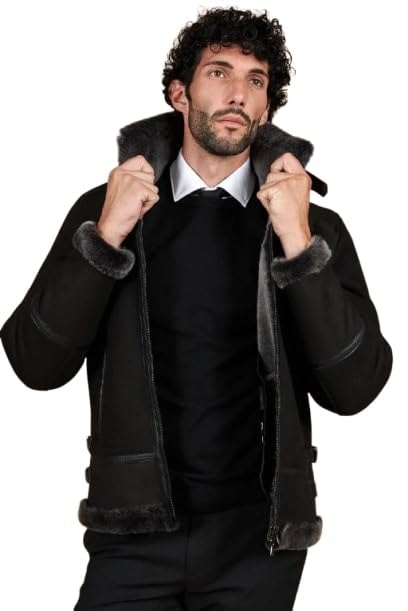 Men's Peter Black Suede Lamb Shearling Biker Jacket with Buckle Collar – Suede Shearling Jacket