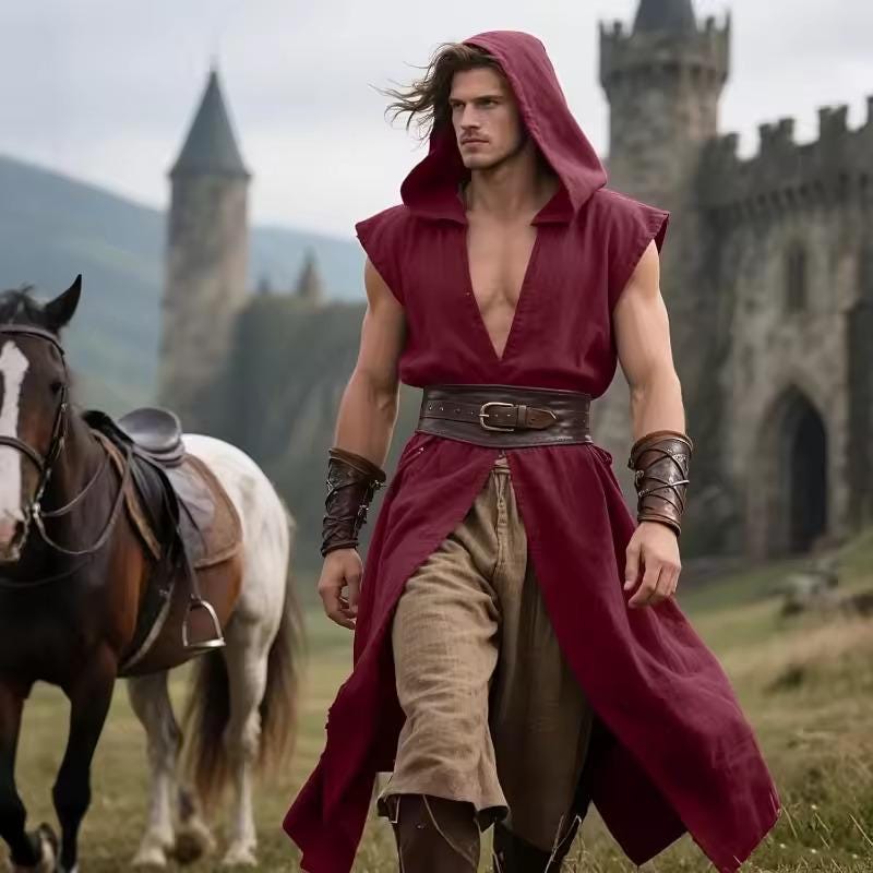 Medieval Archer Tunic Hooded Costume, Renaissance Ranger LARP Outfit, Leather Belt