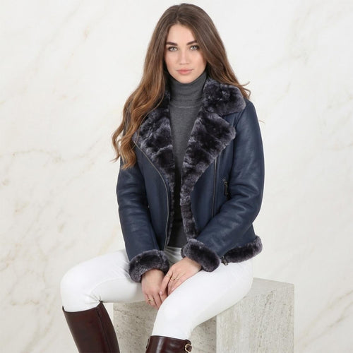 Black Crinkled Leather Aviator Jacket, Women's Shearling Trim Bomber