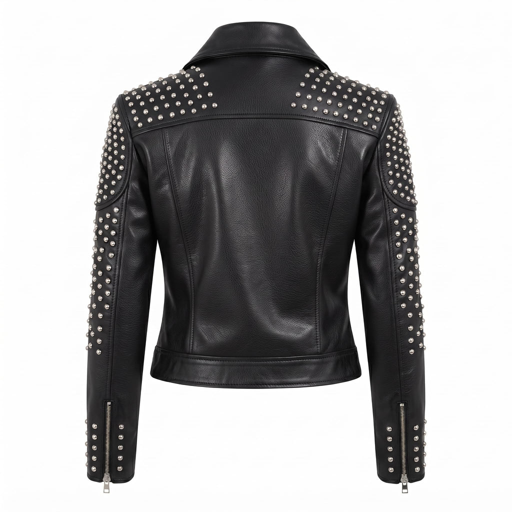 Women's Handcrafted Studded Black Leather Biker Jacket – Edgy Rockstar Style