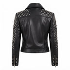 Women's Handcrafted Studded Black Leather Biker Jacket – Edgy Rockstar Style
