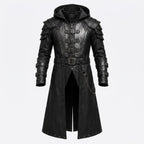 Men's Handmade Black Leather Samurai Coat | Hooded Ronin Cosplay Jacket, Warrior Armor