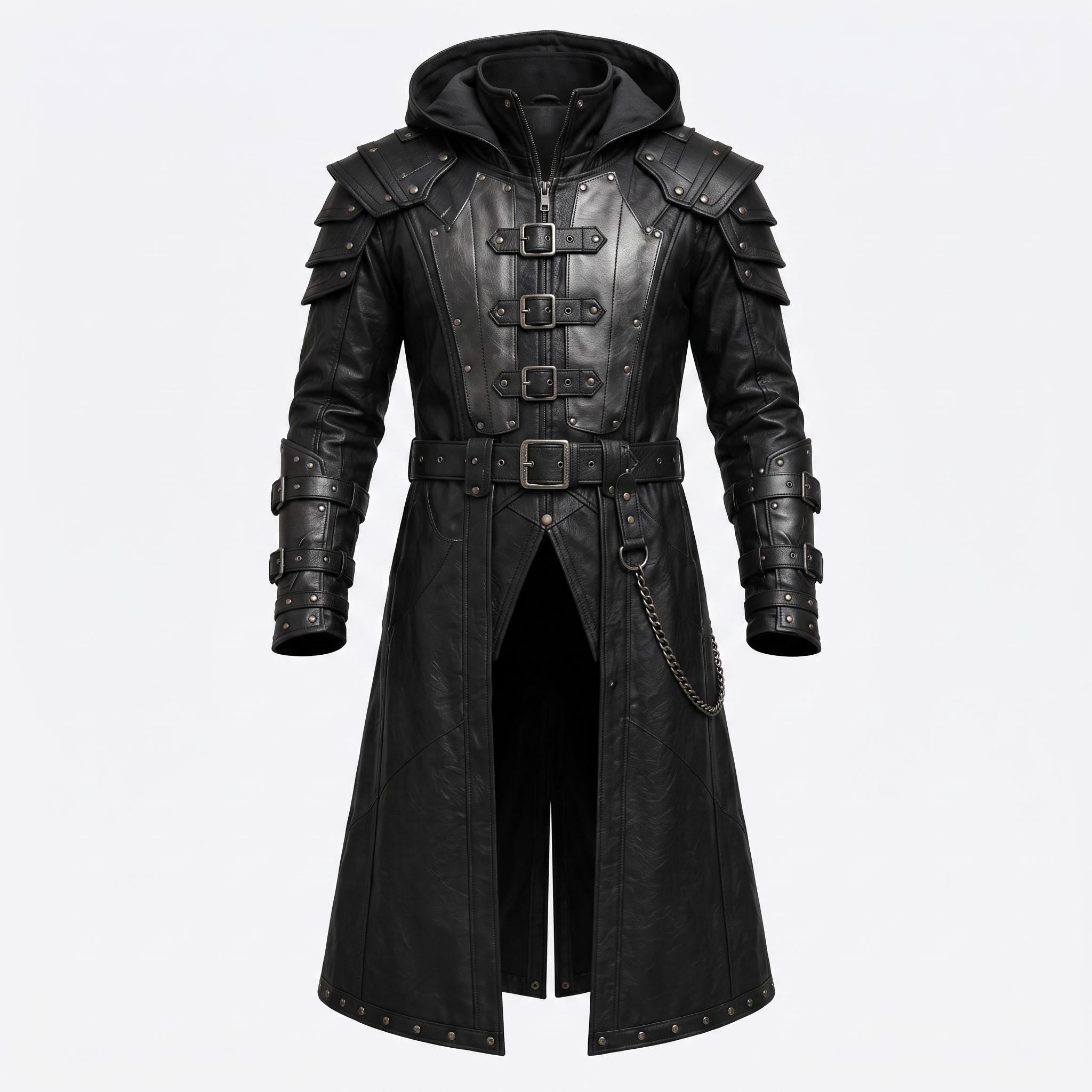 Men's Handmade Black Leather Samurai Coat | Hooded Ronin Cosplay Jacket, Warrior Armor