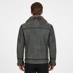 Black Suede Lamb Shearling Biker Jacket with Buckle Collar – Premium Suede Shearling Jacket
