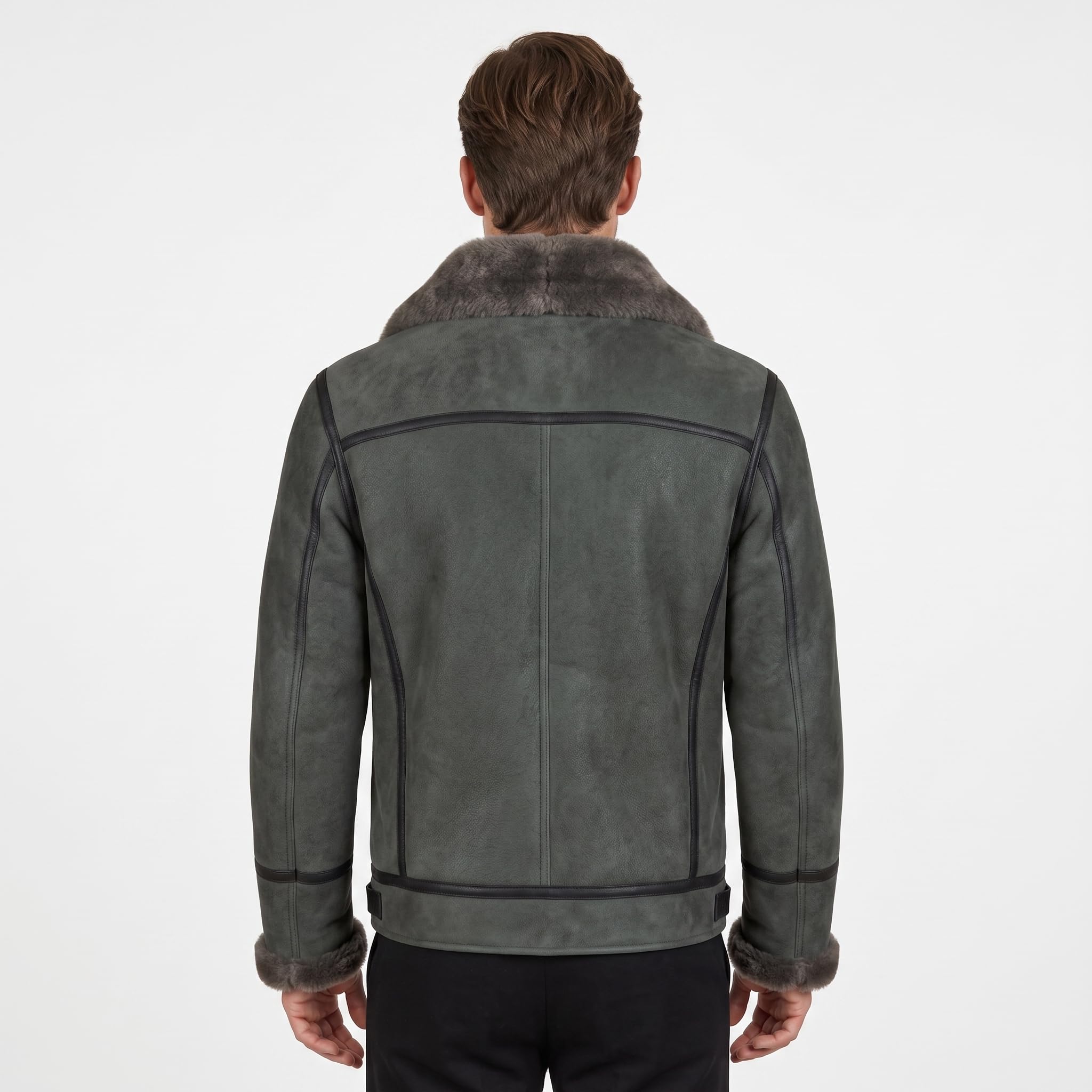 Black Suede Lamb Shearling Biker Jacket with Buckle Collar – Premium Suede Shearling Jacket