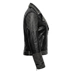 Women’s Handmade Black Leather Motorcycle Jacket – Studded, Spiked, & Hand-Painted Misfits Punk Rocker Style