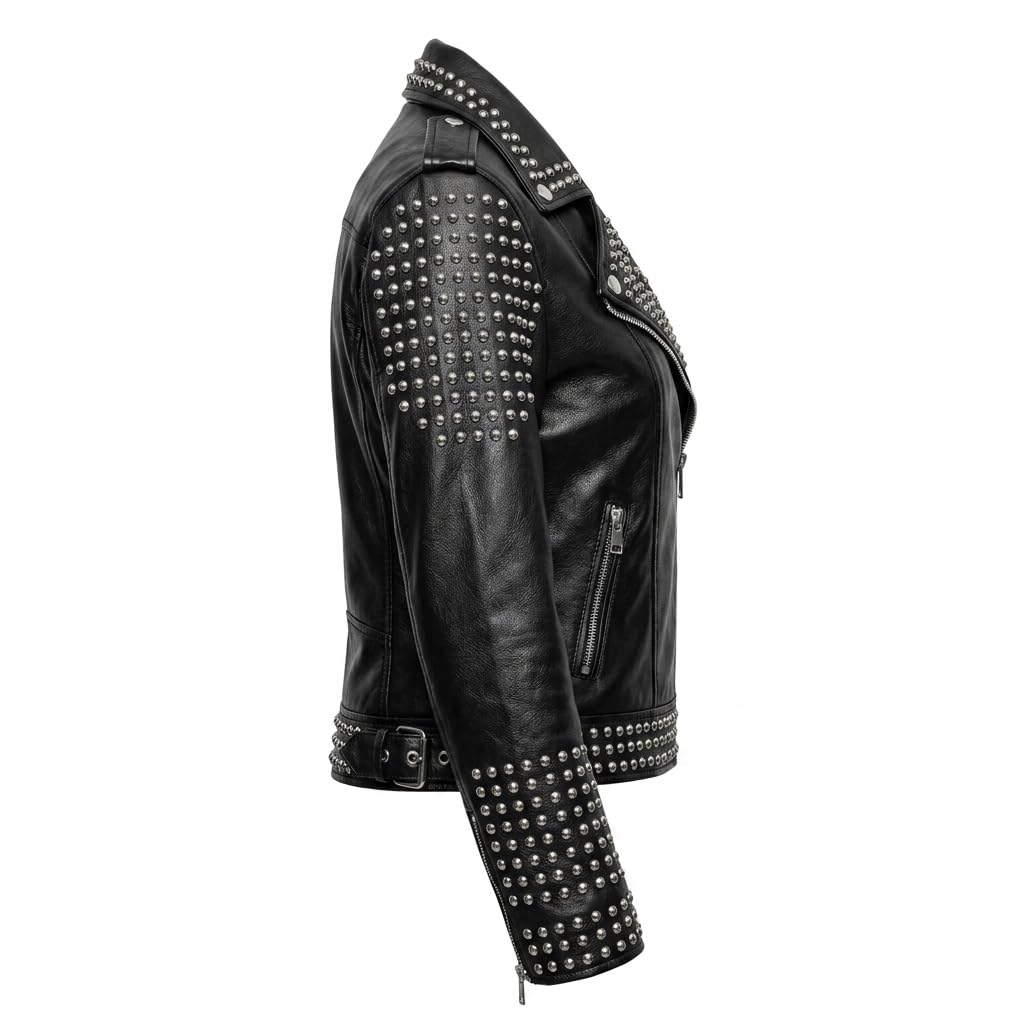 Women’s Handmade Black Leather Motorcycle Jacket – Studded, Spiked, & Hand-Painted Misfits Punk Rocker Style