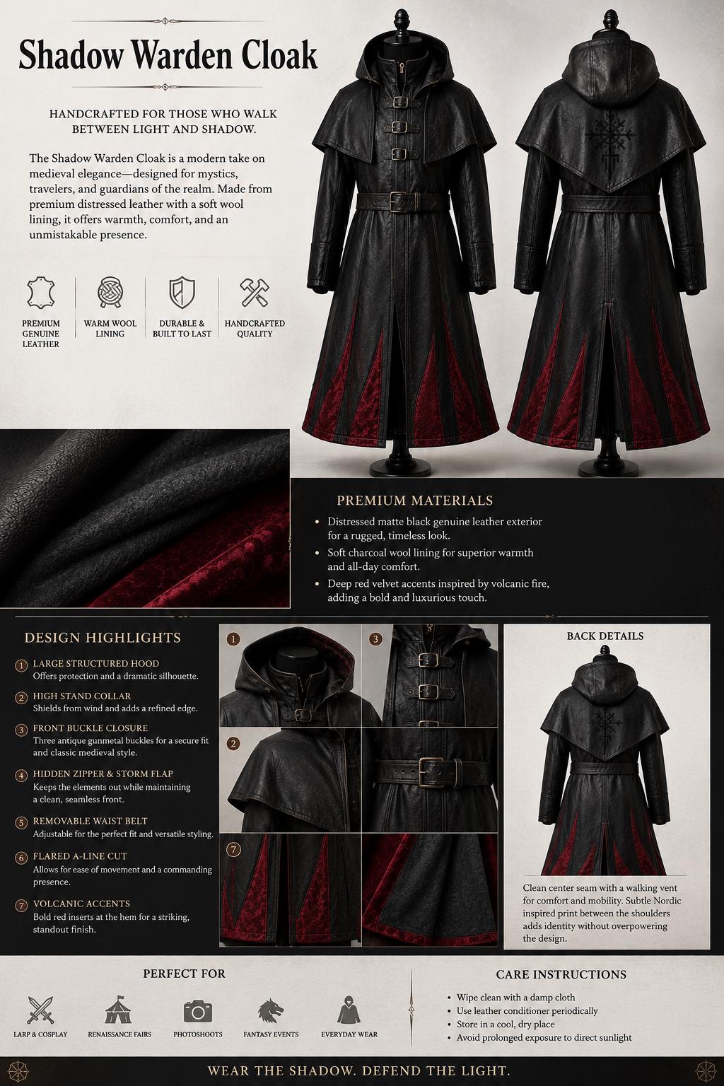 Women's Genuine Leather Hooded Cloak: Medieval Gothic Renaissance Fantasy Cape
