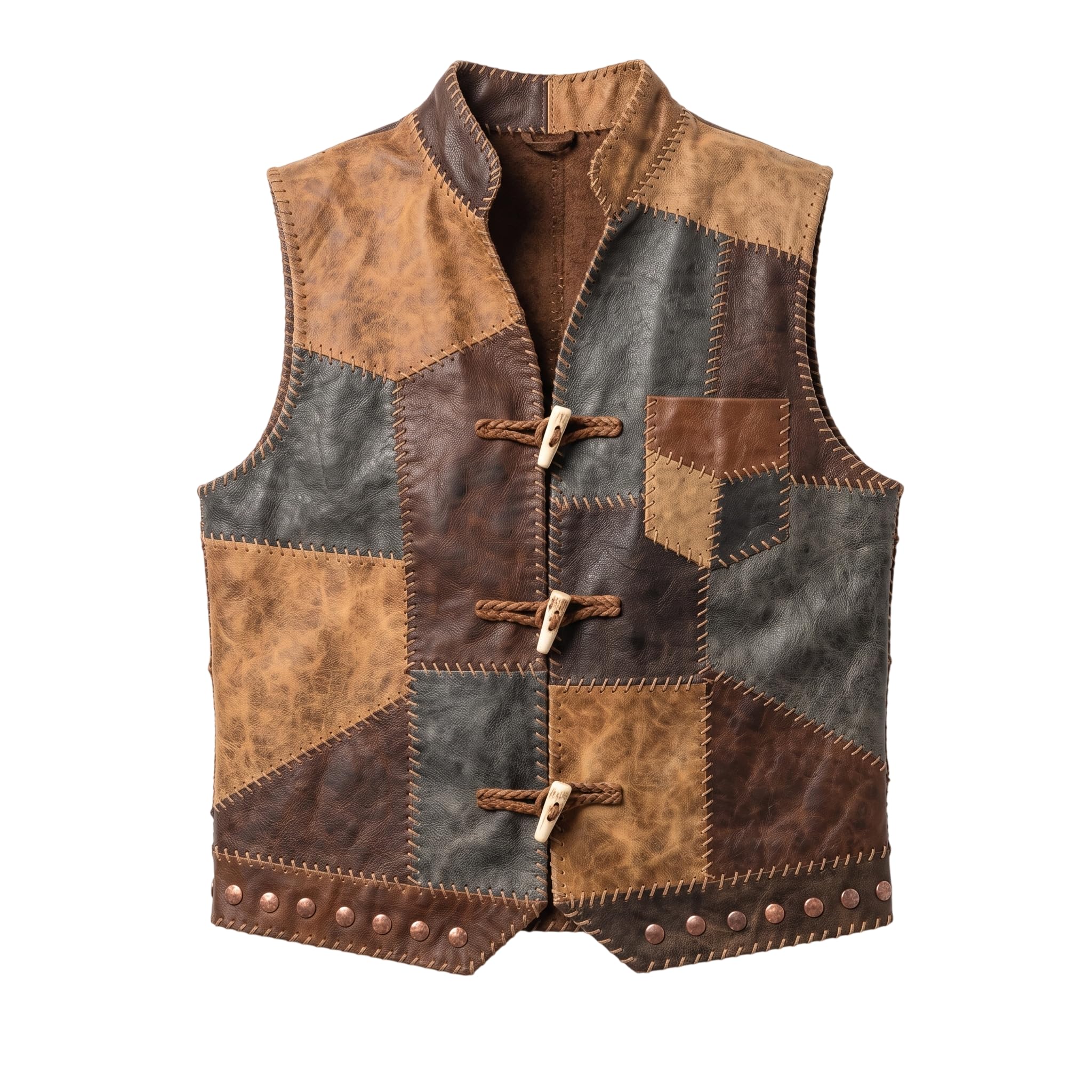 Men's Patchwork Leather Vest | Handmade Genuine Leather Vest|Vintage Patch Leather Vest|Rustic Biker Motorcycle Vest