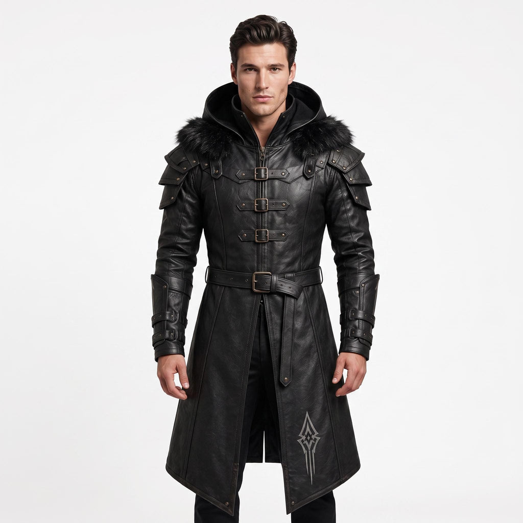 Men's Black Leather Hooded Armor Coat | Medieval Viking Warrior Cosplay Jacket