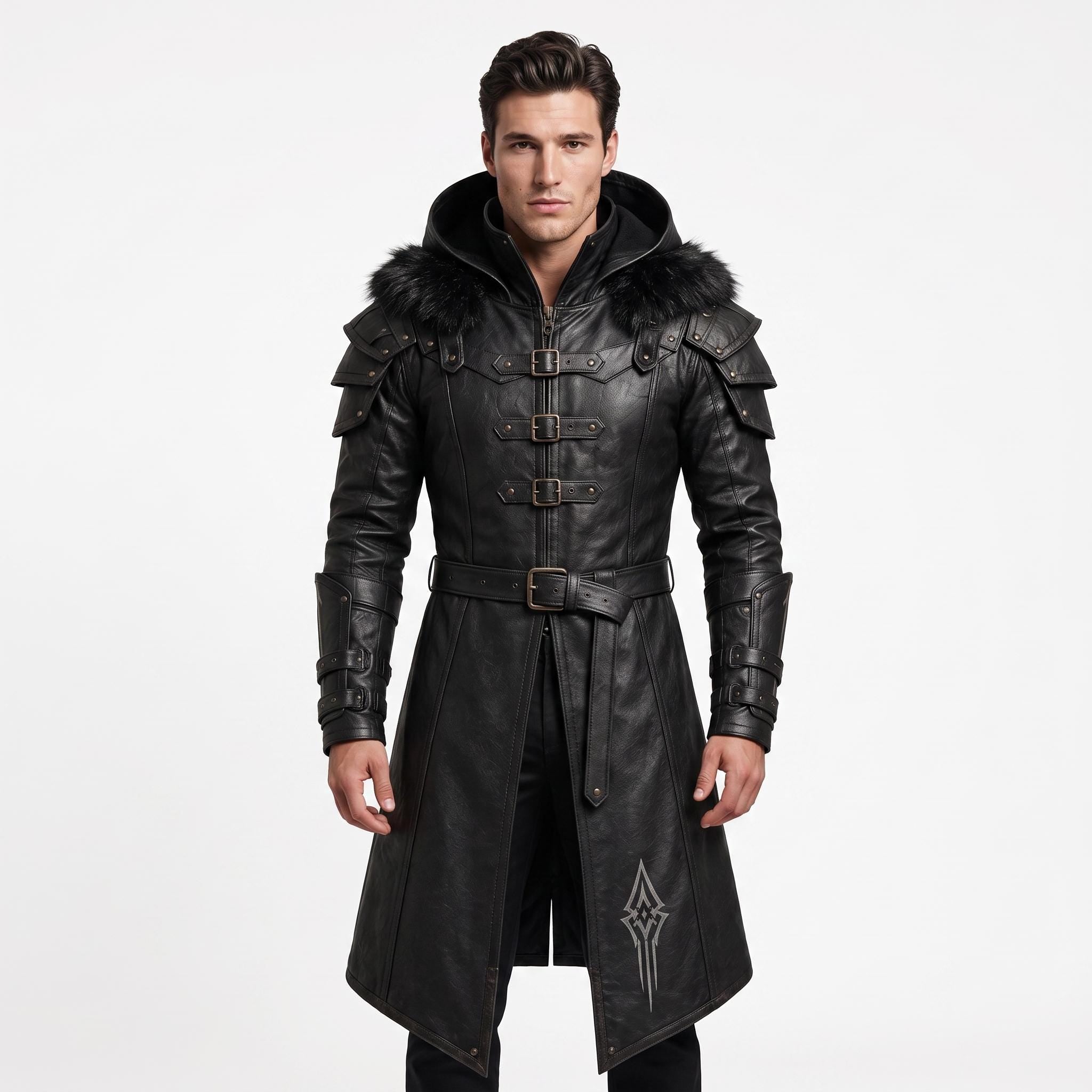 Men's Black Leather Hooded Armor Coat | Medieval Viking Warrior Cosplay Jacket