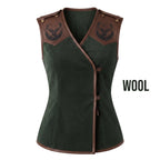 Women's Forest Green Suede Vest: Engraved Mountain Landscape, Leather Accents, Cottagecore Outerwear