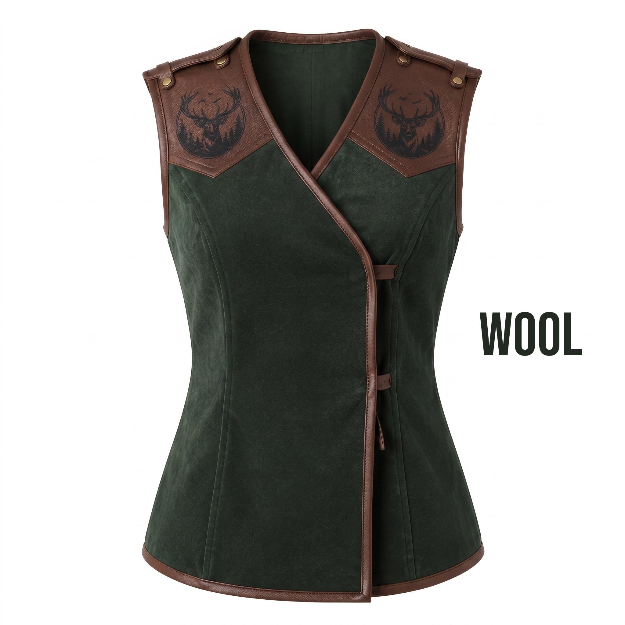 Women's Forest Green Suede Vest: Engraved Mountain Landscape, Leather Accents, Cottagecore Outerwear