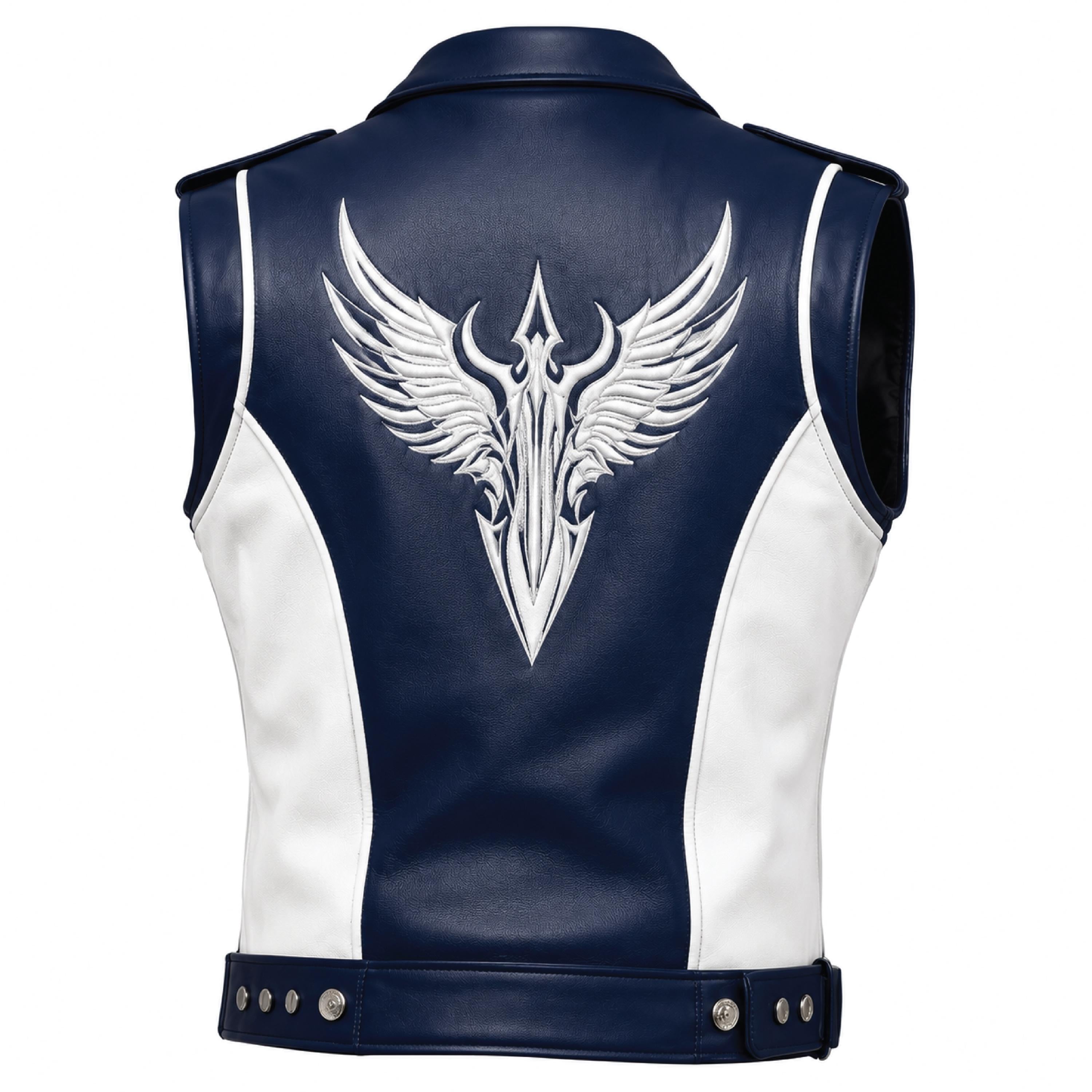 Men's Blue White Leather Biker Vest | Phoenix Print Motorcycle Riding Waistcoat
