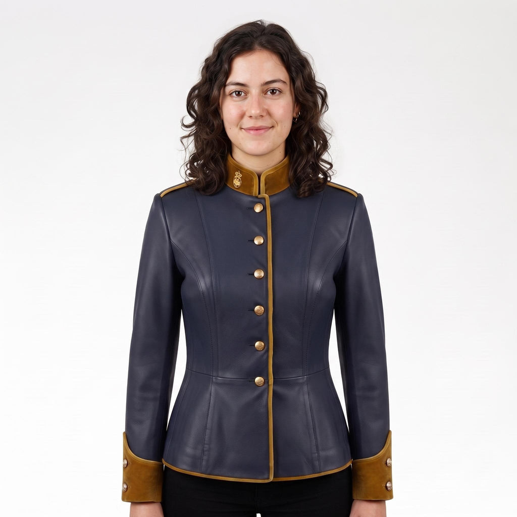 Navy Blue Leather Military Officer Jacket | Victorian Steampunk Gothic Blazer