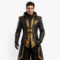 Men's Scorpion Leather Hooded Coat | Black Gold Armor Cosplay Jacket | Fantasy LARP Outfit