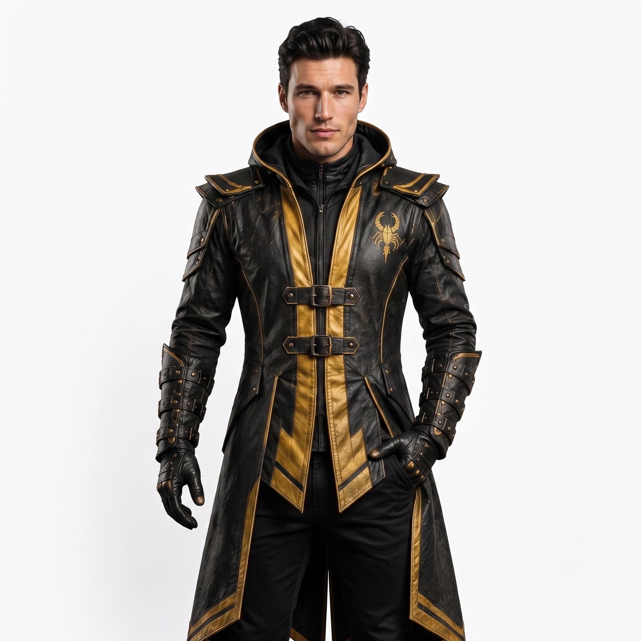 Men's Scorpion Leather Hooded Coat | Black Gold Armor Cosplay Jacket | Fantasy LARP Outfit