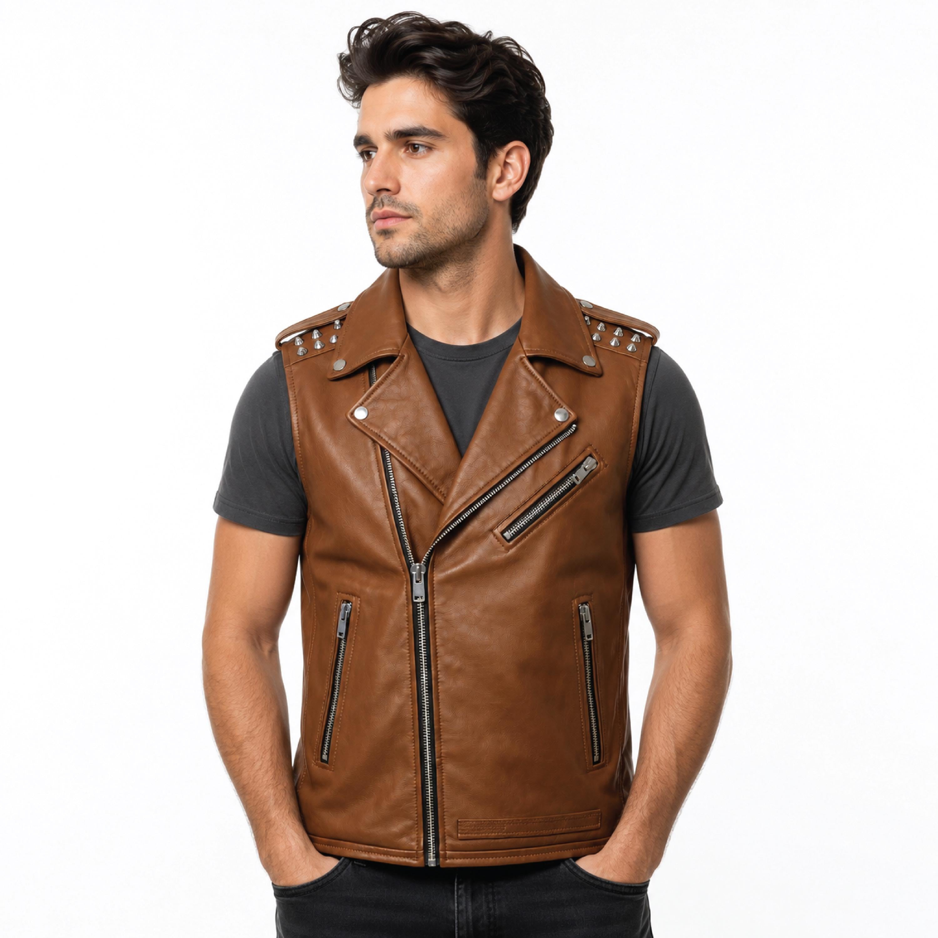 Men's Genuine Leather Biker Vest – Studded Double Rider Motorcycle Jacket