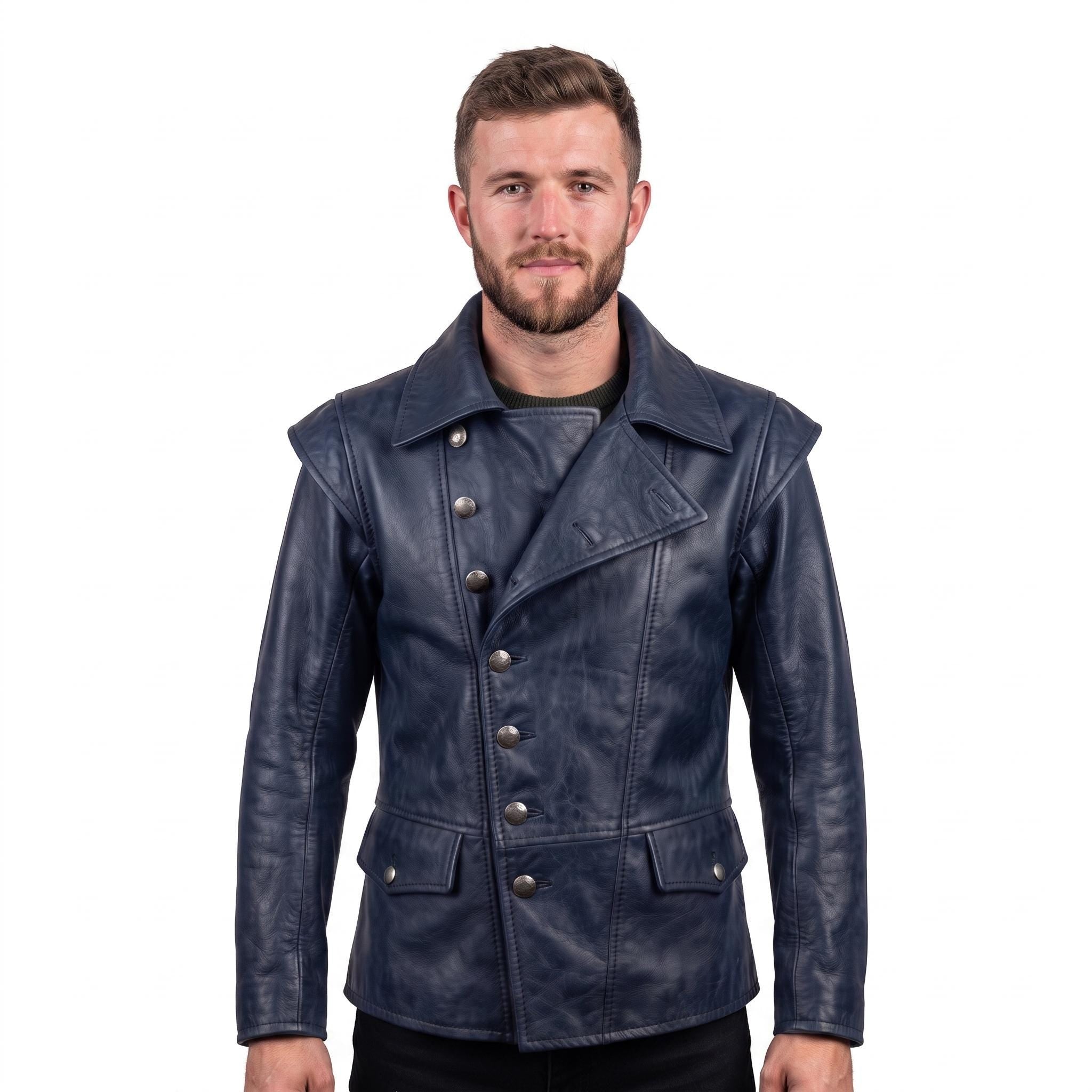 Men's Navy Blue Asymmetrical Military Leather Jacket – Handmade Blazer Coat