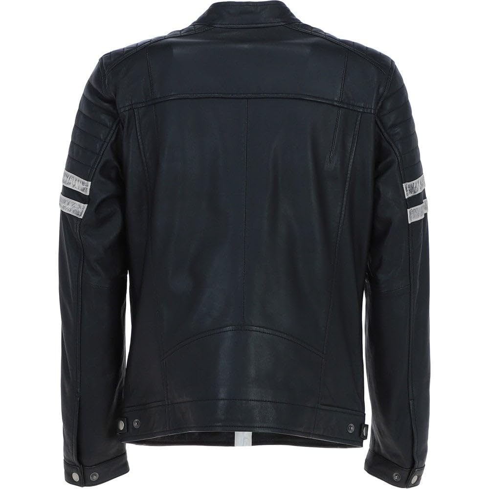 Men's Real Leather Biker Jacket With Stitch Detailings Navy