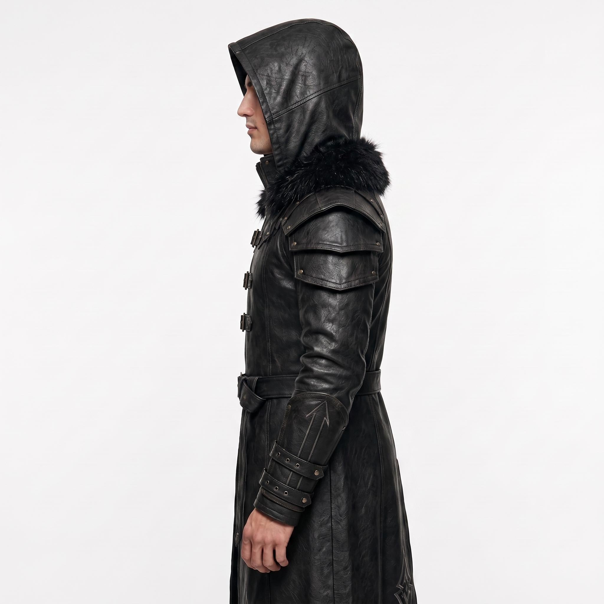 Men's Black Leather Hooded Armor Coat | Medieval Viking Warrior Cosplay Jacket