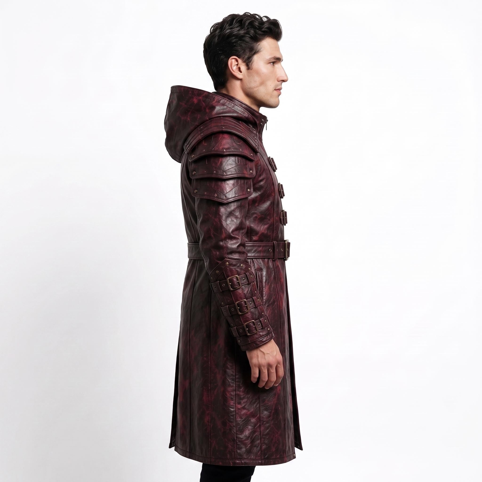 Men's Distressed Burgundy Leather Hooded Armor Coat | Medieval Viking Gothic Cosplay Jacket