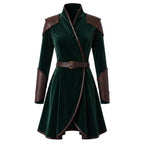 Women's Velvet Wrap Coat Dress with Leather Armor Trim, Fantasy Cosplay Outfit