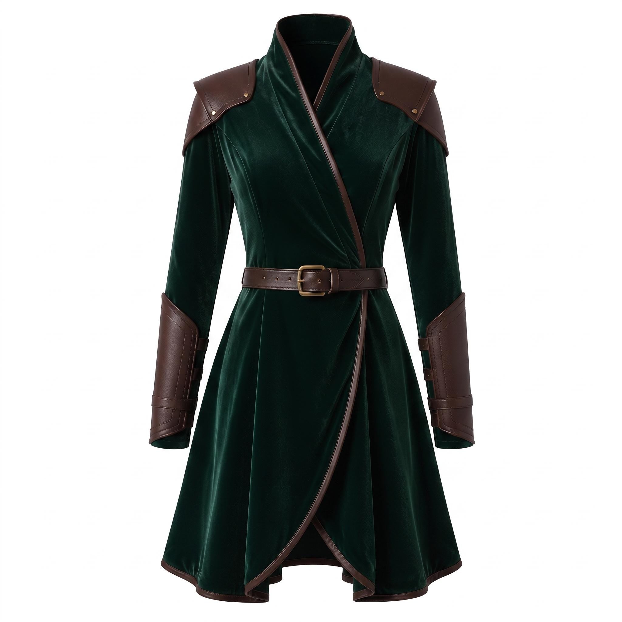 Women's Velvet Wrap Coat Dress with Leather Armor Trim, Fantasy Cosplay Outfit
