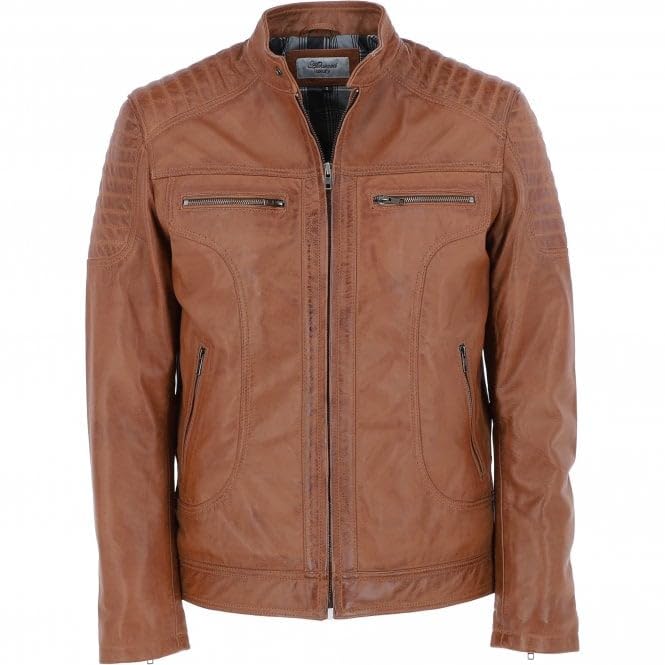 Men's Black Leather Biker Jacket with Zip Front, Multiple Pockets