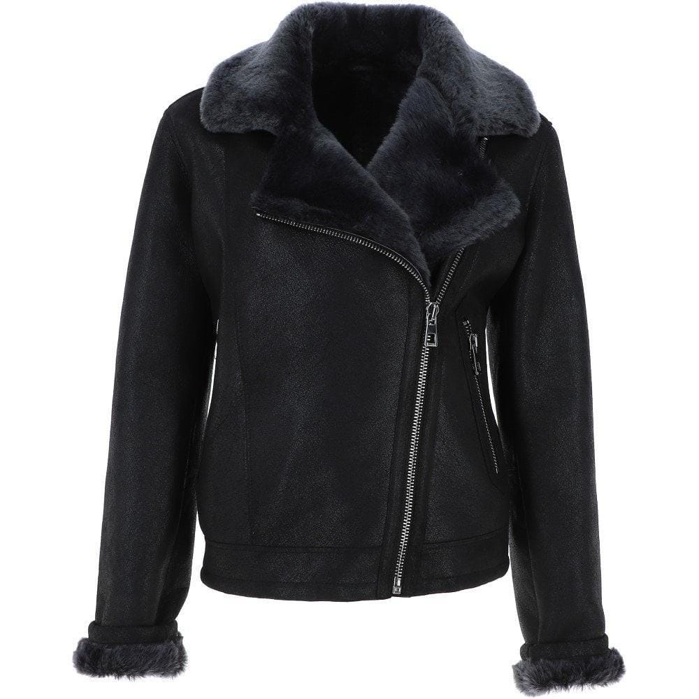 Black Crinkled Leather Aviator Jacket, Women's Shearling Trim Bomber