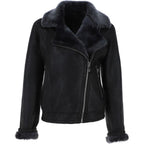 Black Crinkled Leather Aviator Jacket, Women's Shearling Trim Bomber