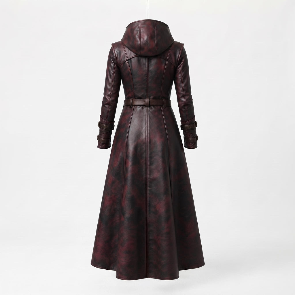 Women's Oxblood Leather Hooded Coat | Hand-Dyed Smoky Black Patina Trench Jacket