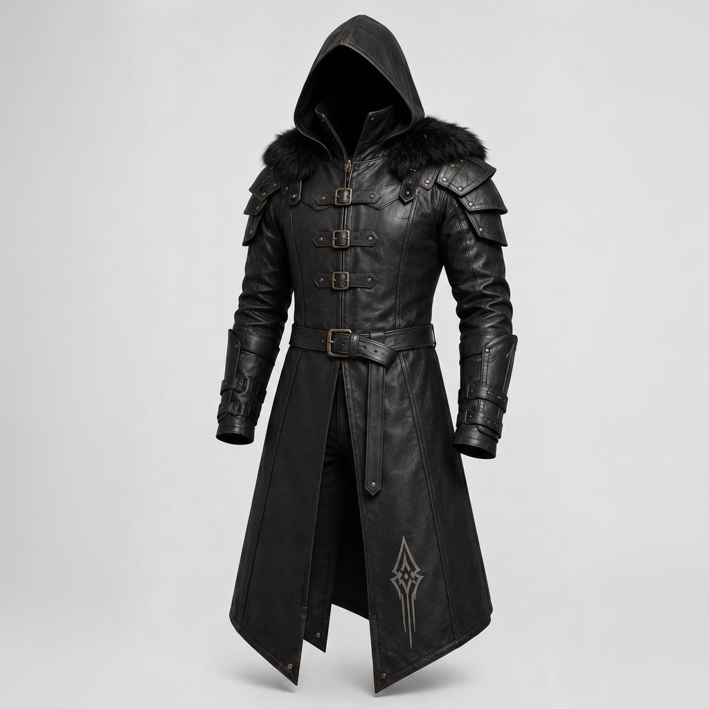 Men's Black Leather Hooded Armor Coat | Medieval Viking Warrior Cosplay Jacket