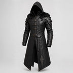 Men's Black Leather Hooded Armor Coat | Medieval Viking Warrior Cosplay Jacket