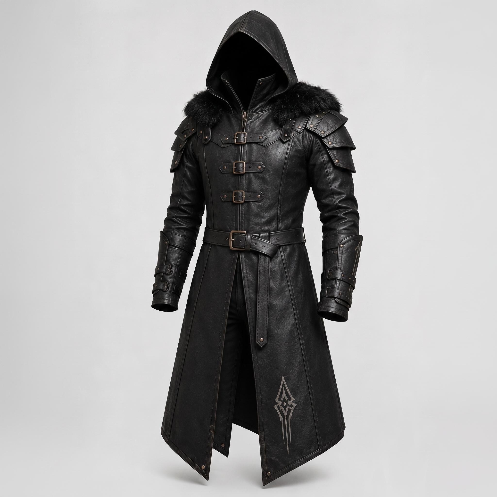 Men's Black Leather Hooded Armor Coat | Medieval Viking Warrior Cosplay Jacket