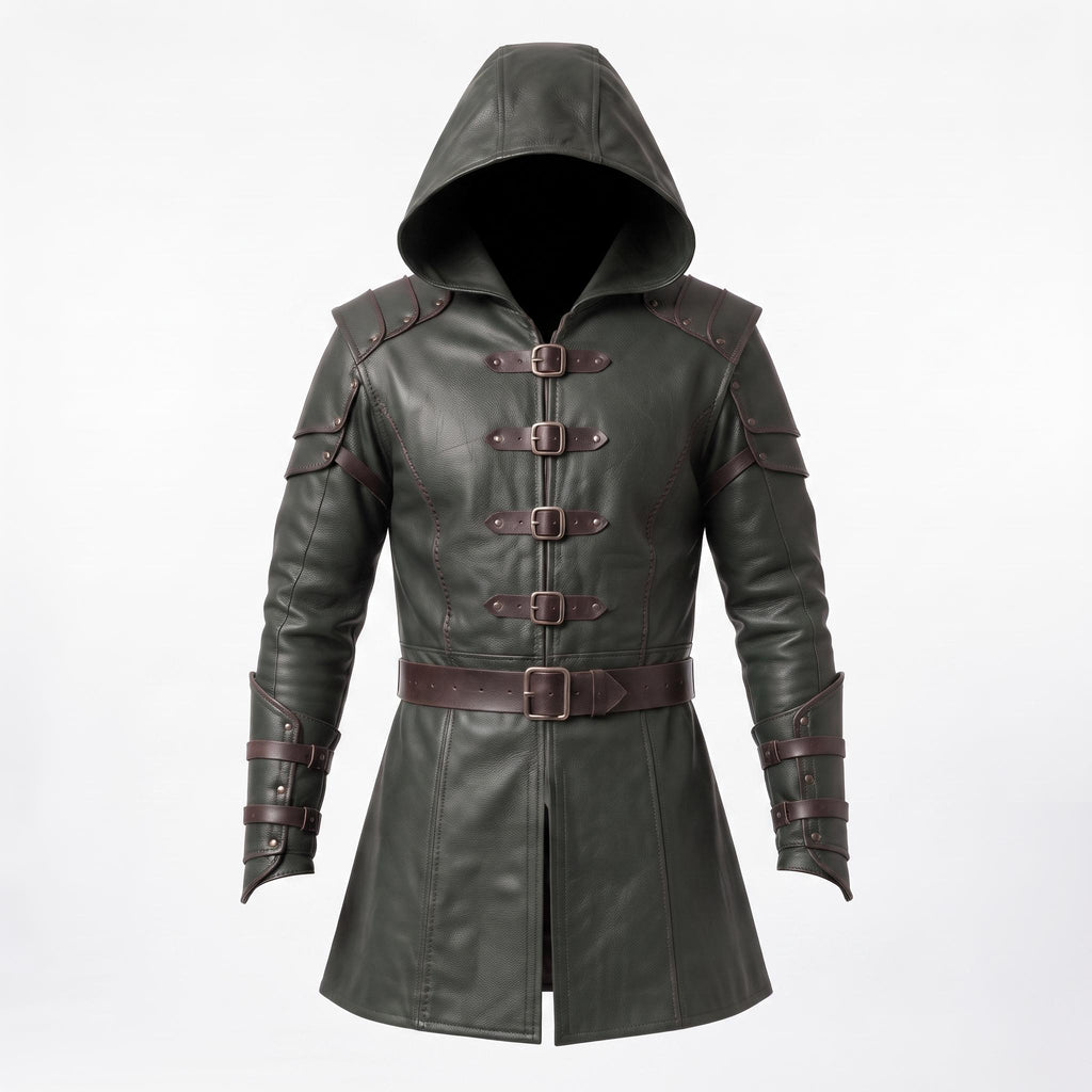 Men's Hooded Leather Assassin Coat: Dark Fantasy Ranger Trench Jacket