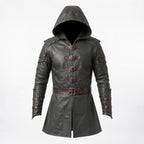 Men's Hooded Leather Assassin Coat: Dark Fantasy Ranger Trench Jacket