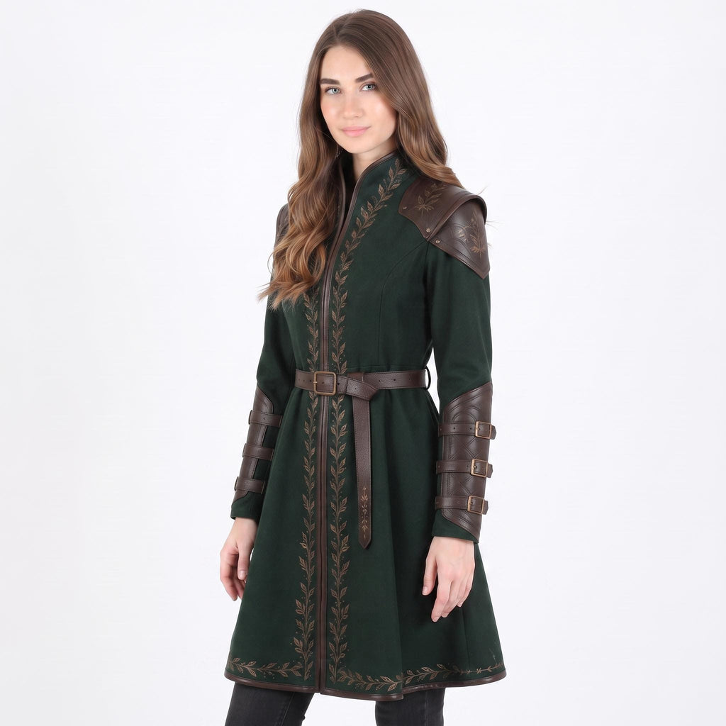 Women's Dark Green Elven Ranger Coat with Leather Accents and Embroidery