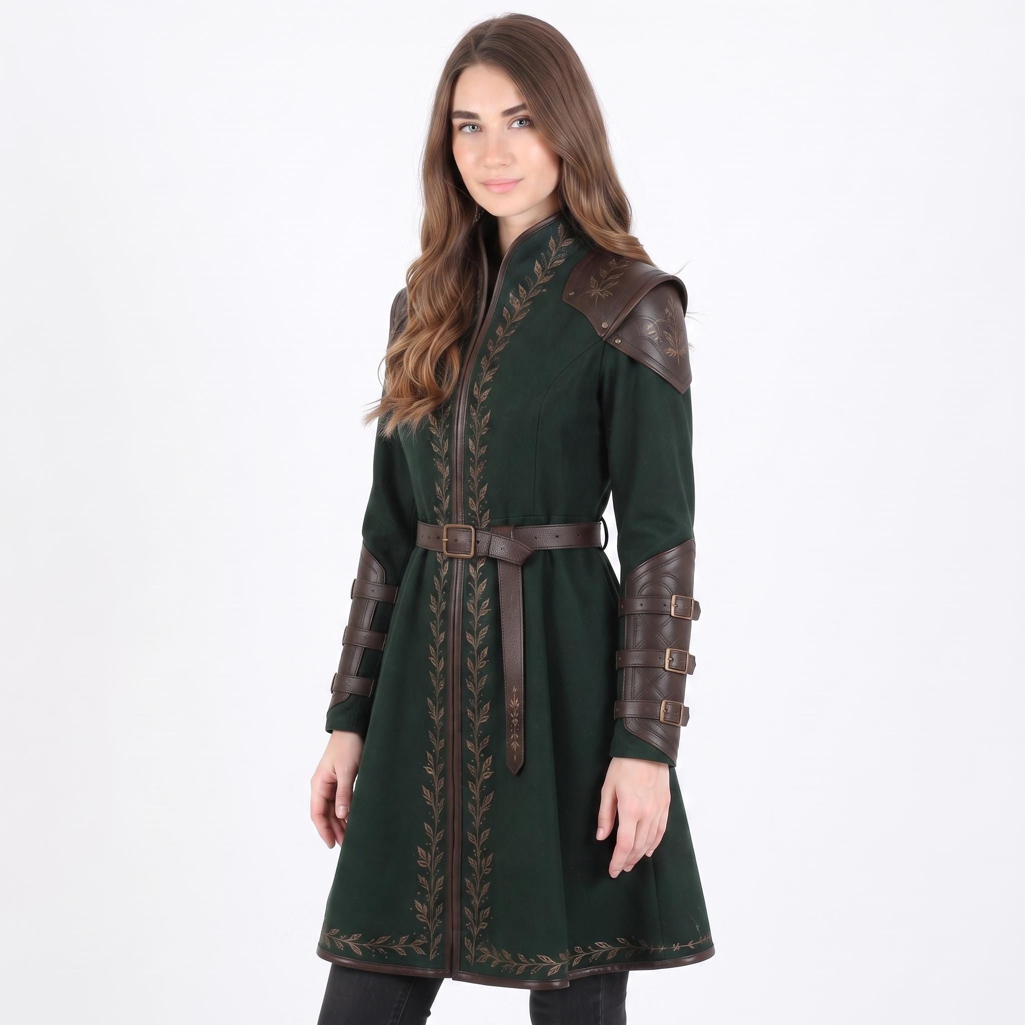 Women's Dark Green Elven Ranger Coat with Leather Accents and Embroidery