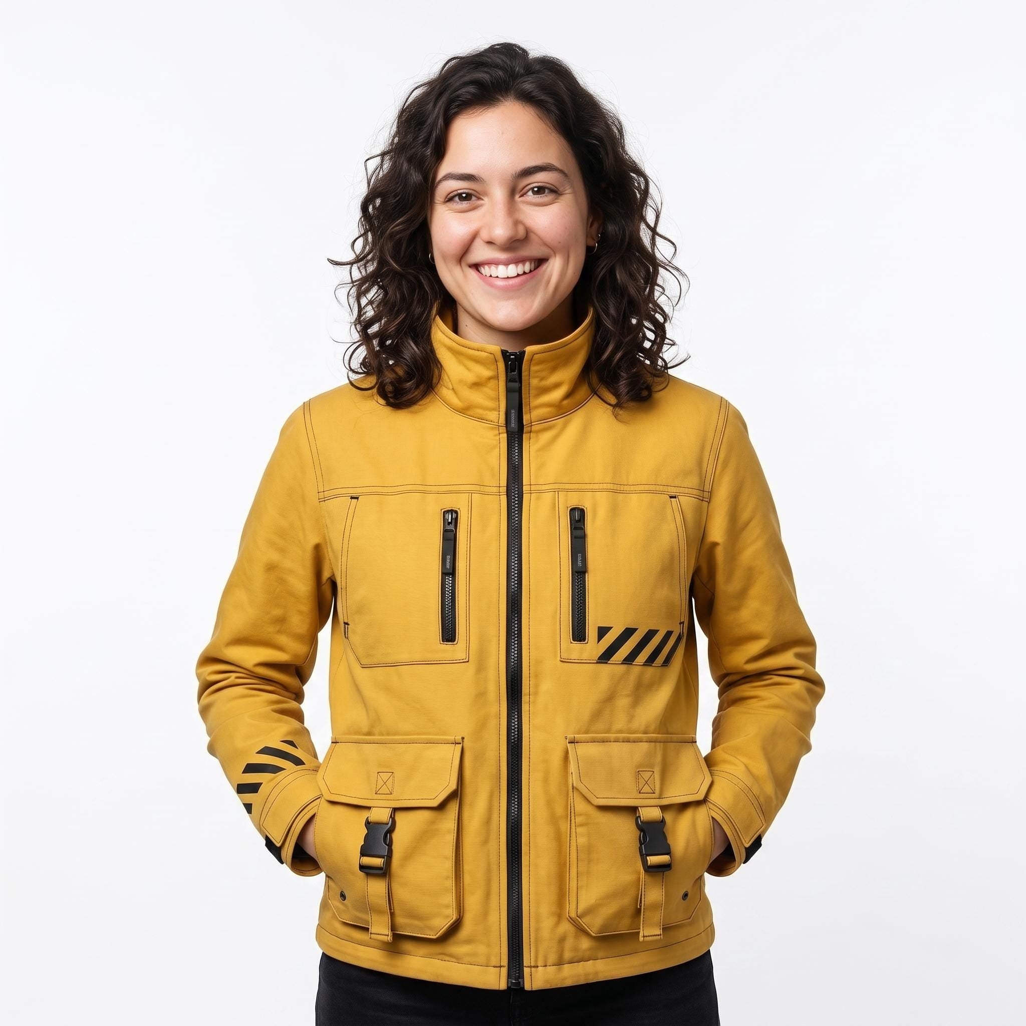 Women's Yellow Techwear Jacket Women, Cyberpunk Streetwear High-Collar Cotton Coat