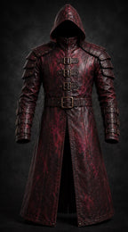 Men's Distressed Burgundy Leather Hooded Armor Coat | Medieval Viking Gothic Cosplay Jacket