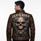 Men's motorcycle jacket with skull back | brown leather biker jacket | vintage moto style
