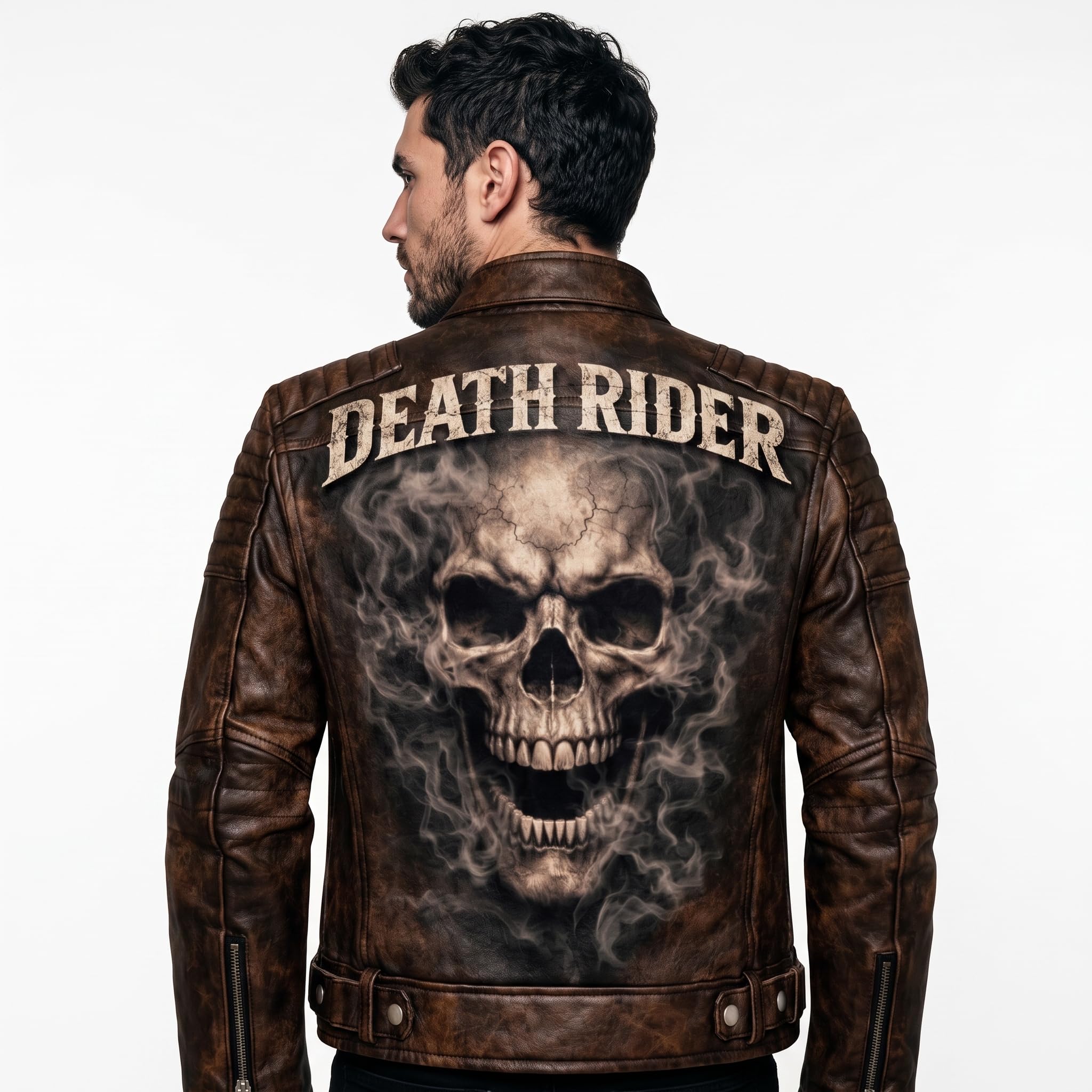 Men's motorcycle jacket with skull back | brown leather biker jacket | vintage moto style
