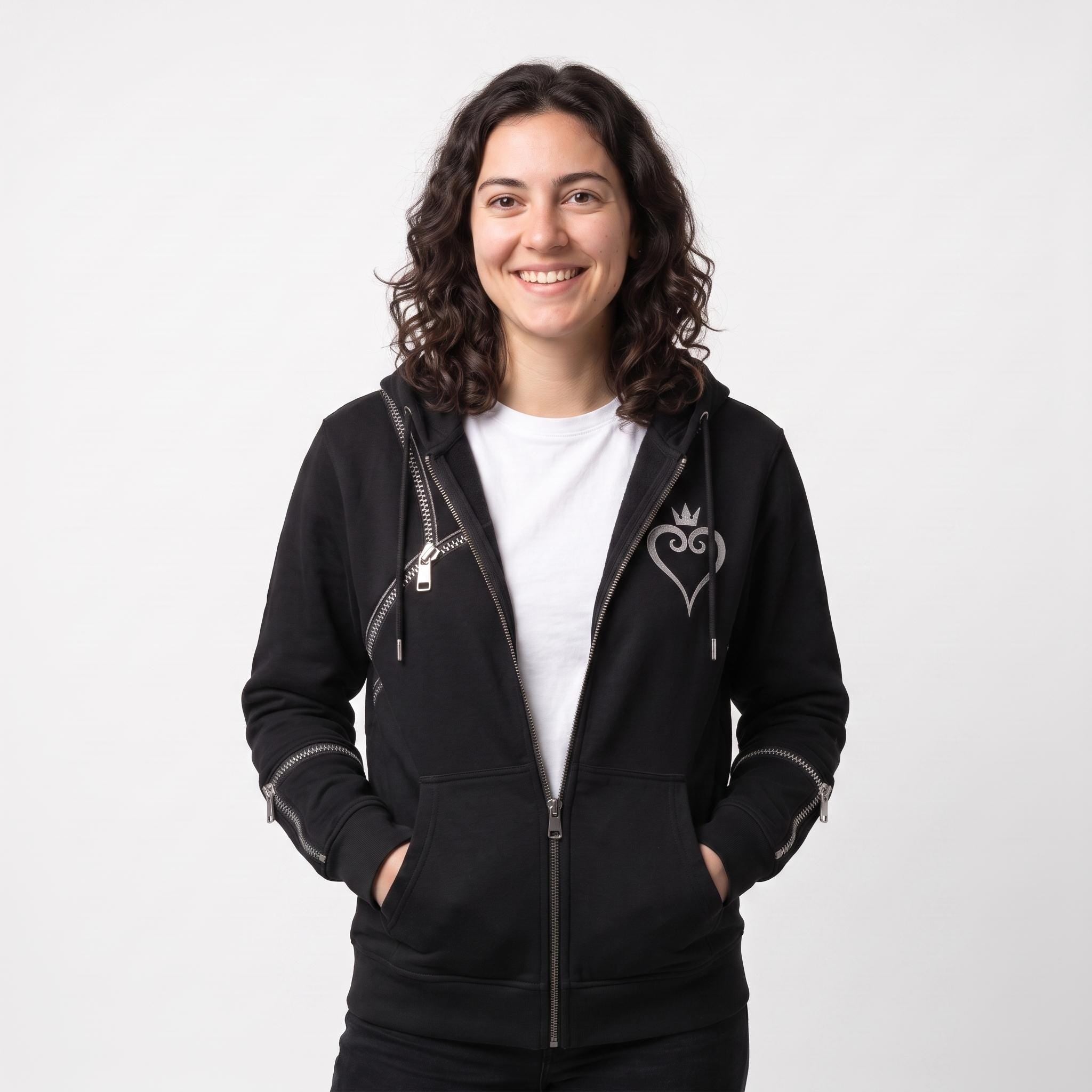 Women's Kingdom Hearts Black Zip-Up Hoodie | Fleece Gaming Sweatshirt | Keyblade Graphic Cosplay Jacket