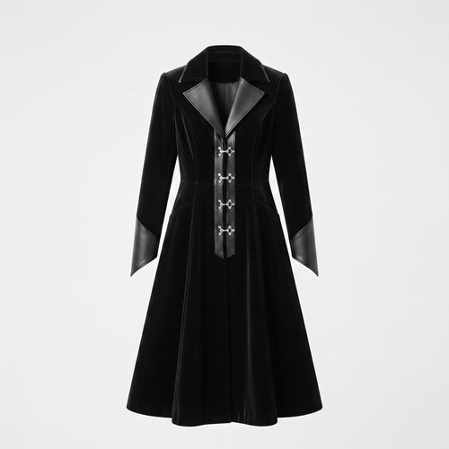 Black Velvet Victorian Coat | Genuine Leather Trim, Medieval Fantasy Jacket