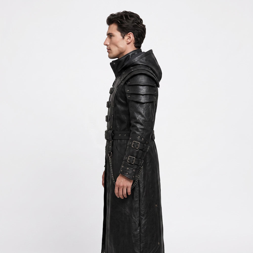Men's Handmade Black Leather Samurai Coat | Hooded Ronin Cosplay Jacket, Warrior Armor